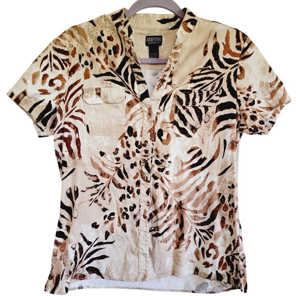 Additions by Chico's 2 Short Sleeve Button Front Blouse Browns‎ Leaf Print Large - Picture 1 of 7